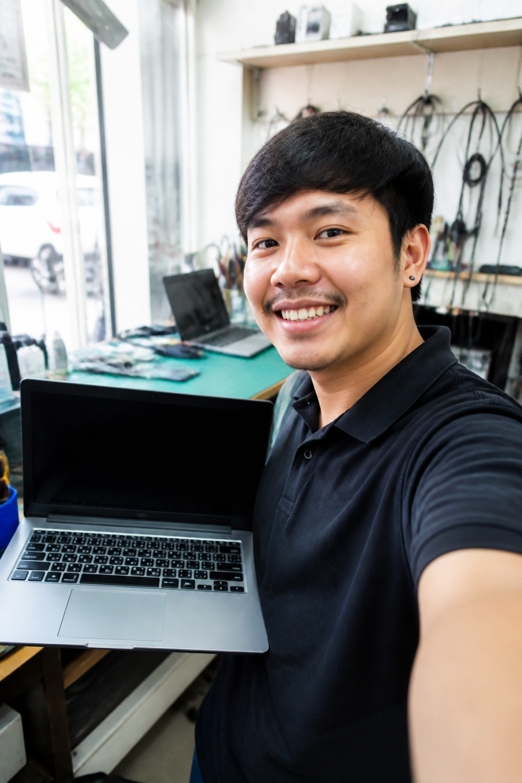 ช่าง iCenter Service ลำปาง ถือโน๊ตบุ๊คที่ซ่อมเสร็จ